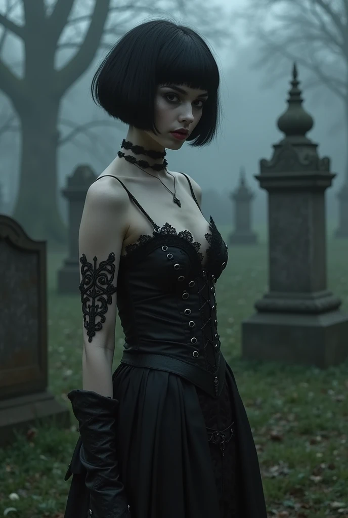 18-year-old girl in sexy gothic look models on an old Victorian cemetery,strap holders, strapse, corset