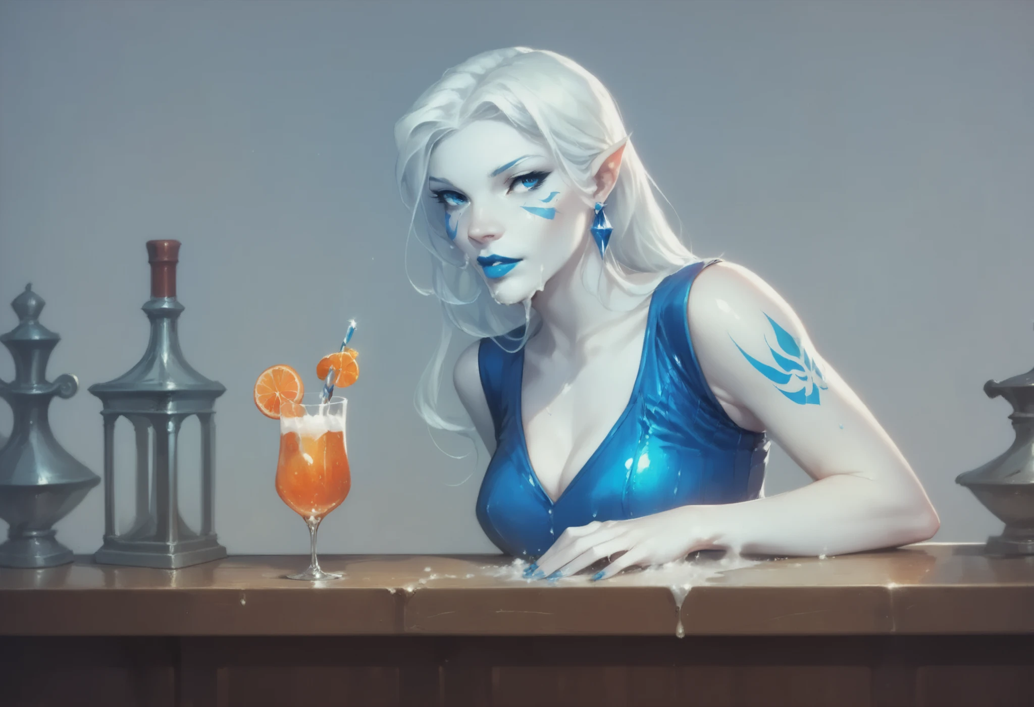 Jarael, alabaster white skin, blue tattoos, facial mark, blue lips, in a speakeasy bar, dressed as a bartender, washing a glass, 1930s attire, prohibition era