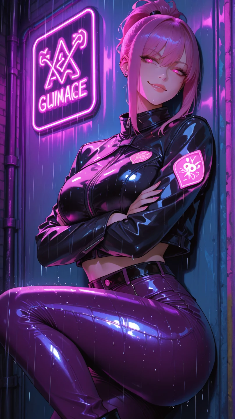 girl spacepunk,(((1girl))),((beautiful girl with cute pink hair)),
(large breasts:1.4),saggy breasts,((pink hair,pink messy hair,colored inner hair,short hair:1.5,absurdly short unkempt hair:1.35,short pink hair,ear breathing,intricate cut hair,((short hair tied up)))),(((pink_eyes:1.3))),intricate eyes,beautiful detailed eyes,symmetrical eyes,((fat)),(((lustrous skin:1.5,bright skin: 1.5,skin tanned,shiny skin,very shiny skin,shiny body,plastic glitter skin,exaggerated shiny skin,illuminated skin,wet legs))),(spider lower abdomen,narrow waist,wide hip,athletic body,inflated legs, thick thighs,detailed body,(detailed face)),
cute,slutty,seductive,erotic,(((nsfw))),
zettai ryouiki,revealing clothing,show skin,((underboob:1.5)),(cleavage),(semi-naked,with little clothing),((tiny micro thong:1.3)),(visible thong straps:1.3),((underpants strap)),(((tiny futuristic white spandex suit,long sleeve, zipper crop suit, zipper slightly unzipped))),((heavy boots over the knee, white boots)),((micro superhero suit,military patches)),(((white clothes, white outfit, wet clothes,intricate outfit,intricate clothes))),
(dynamic pose:1.0),solo focus,embarrassed,(centered,scale to fit dimensions,Rule of thirds),
cyberpunk city by the ocean at night, with bright neon signs and dark stormy clouds and puddles, scenery:1.25,nighttime, starry night, cosmos,Very dark night that makes the neon lights stand out, very bright neon lights,nighttime, starry night, cosmos,
artistic photography,(photography taken by sldr),highres, sharp focus,(ultra detailed, extremely detailed), (photorealistic artwork:1.37),(extremely detailed CG unity 8k wallpaper),((synthwave background theme)),(((vibrant colors))),intricate,(intricate background),(masterpiece),(best quality),perfect rendered face,perfect face details,realistic face,photo realistic,analog style,((intricate detail)),(((realism))),