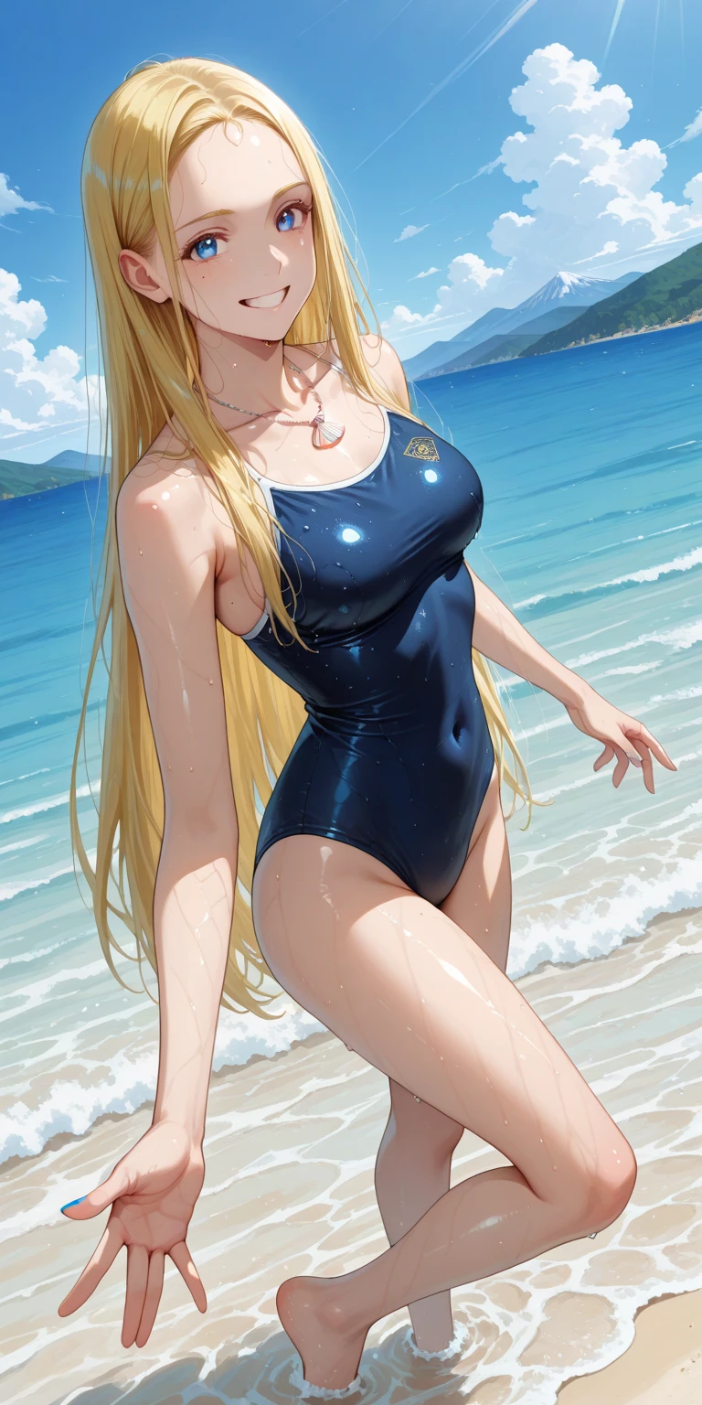Plump girl、smile、nice stance、One piece school swimsuit、Wet body、Wet wavy hair、Beach、High definition、high resolution、Photorealistic、4K resolution、Wet and shiny、gold、Sexy、School swimsuit、濡れたSchool swimsuit、latex、Low exposure、Mirror-like reflection、Blonde Hair、