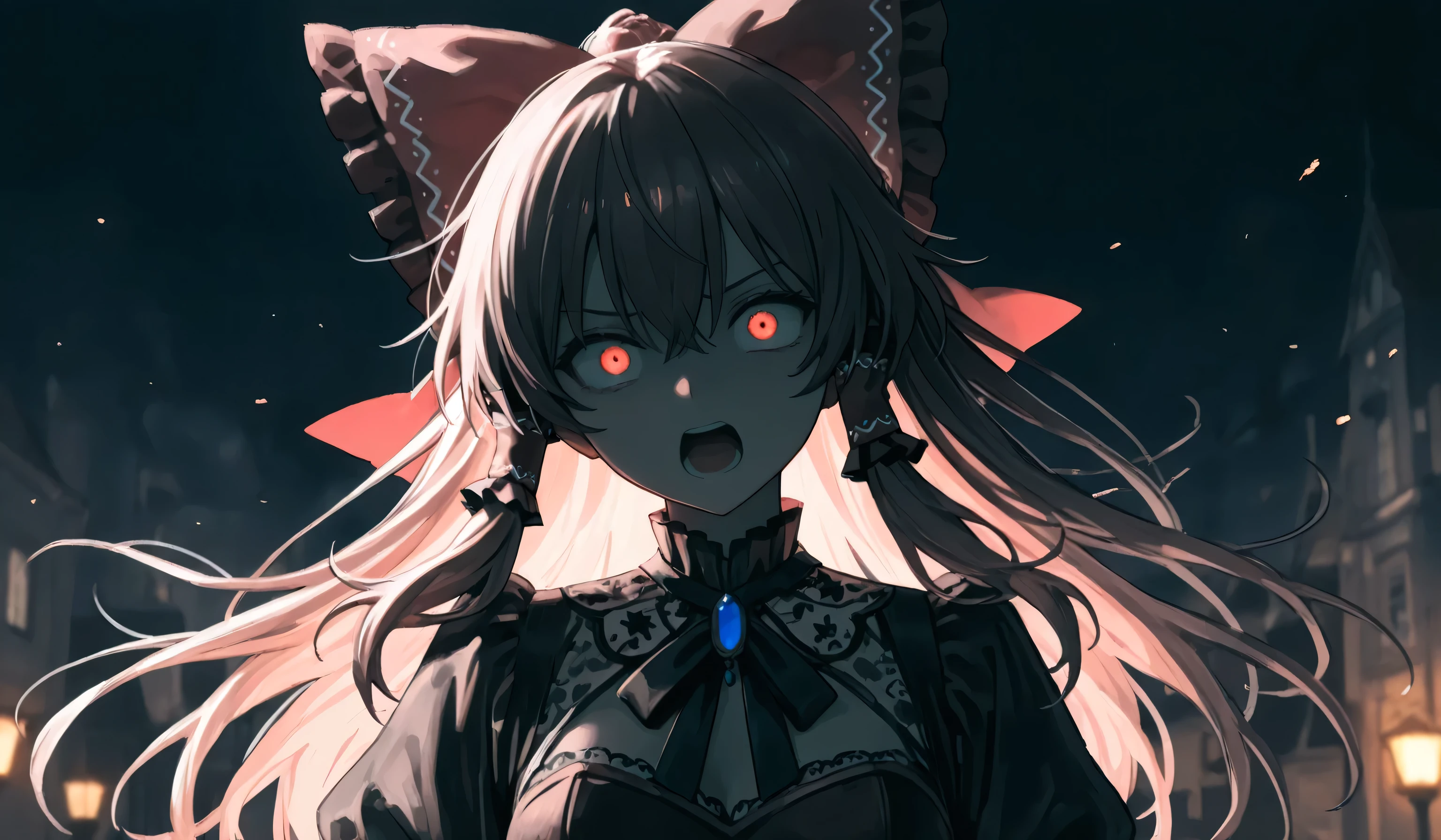 Illustration of Hakurei Reimu。Borelei Dream Costume、's astonished expression、Screaming in the form of desperation、they open their eyes wide and shout、(((Underexpose Lighting)))))、Subtle yet dramatic lighting effects，dark atmosphere、Beautifully delicate eyes，best quality， longer hair、Superb product、The ruined city after the explosion is in the background、light red and black smoke background。（A view from a little distance）