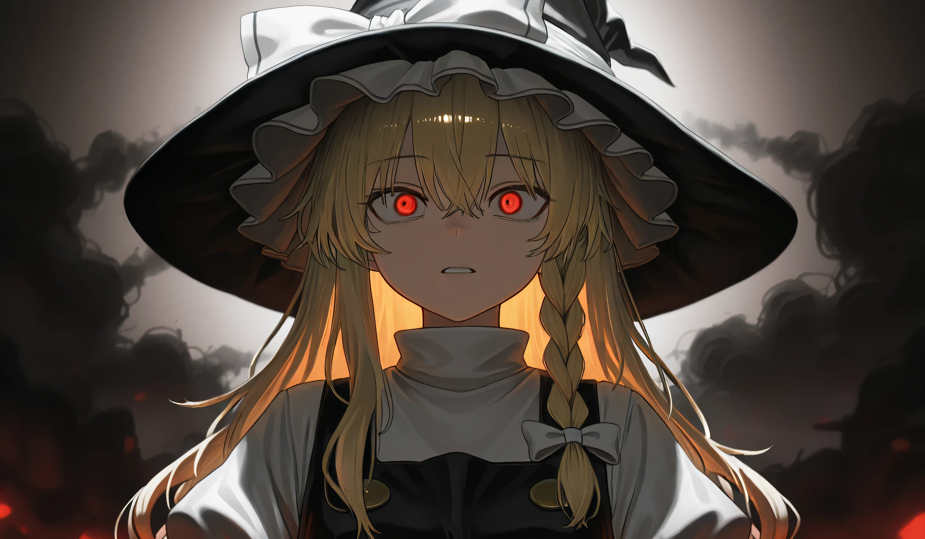 Kirisame Marisa's Illustration。Kirisame Marisa's Outfit、 expression distorted by fear 、eyes wide。(((Underexpose Lighting)))))、Subtle yet dramatic lighting effects,dark atmosphere、Beautifully delicate eyes,best quality, longer hair、Superb product、The ruined city after the explosion is in the background、light red and black smoke background。(A view from a little distance)