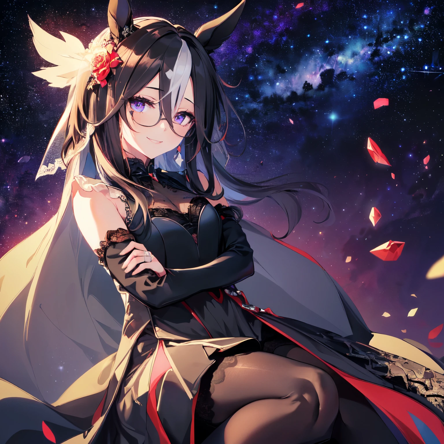 (Solo: 2). Girl. (Girl with horse ears: 1.5). (Girl with horse tail: 1.5). (Black hair: 1.5). (Super long hair: 1.5). (Slant eyes: 1.5). (Arm between legs: 2). (Fancy black lace wedding dress: 2). (Black pantyhose: 1.5). (Short skirt: 1.5). (Cape: 1.5). (Staring at you with a seductive smile: 1.5). (2DCG animation). (Dark purple background. Lots of crystals. Starry sky: 1.5). Exquisite anatomy. Exquisite anatomy. (Amazing. High quality. High resolution). (Dutch angle: 1.5x). (Close up of upper body). (Top angle)