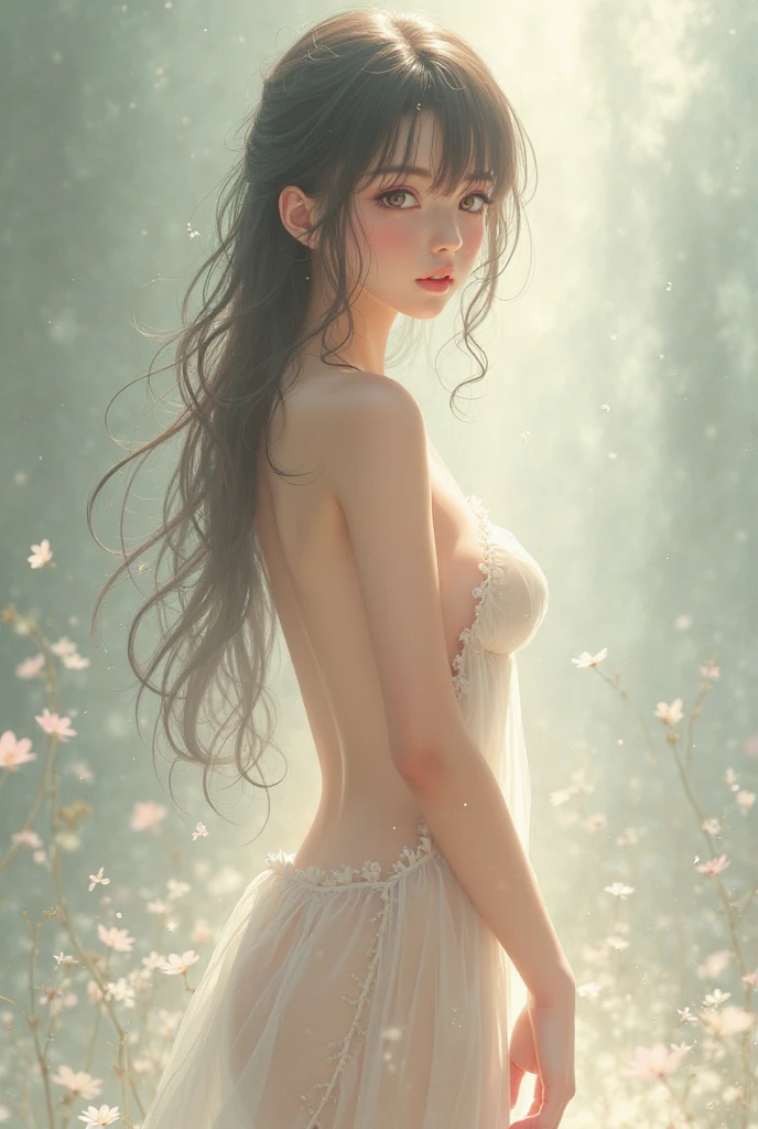 A beautiful slender thin exquisite  girl with a perfect exquisite face with red hair with tender breas tender nipples bareinks coffee on the veranda of the house under the blooming sakura and looks dreamily at the flowers, in a gentle watercolor style, Discreet shades, sfumato, haze, diffused dim light, delicate mint shades, imitation of film photography