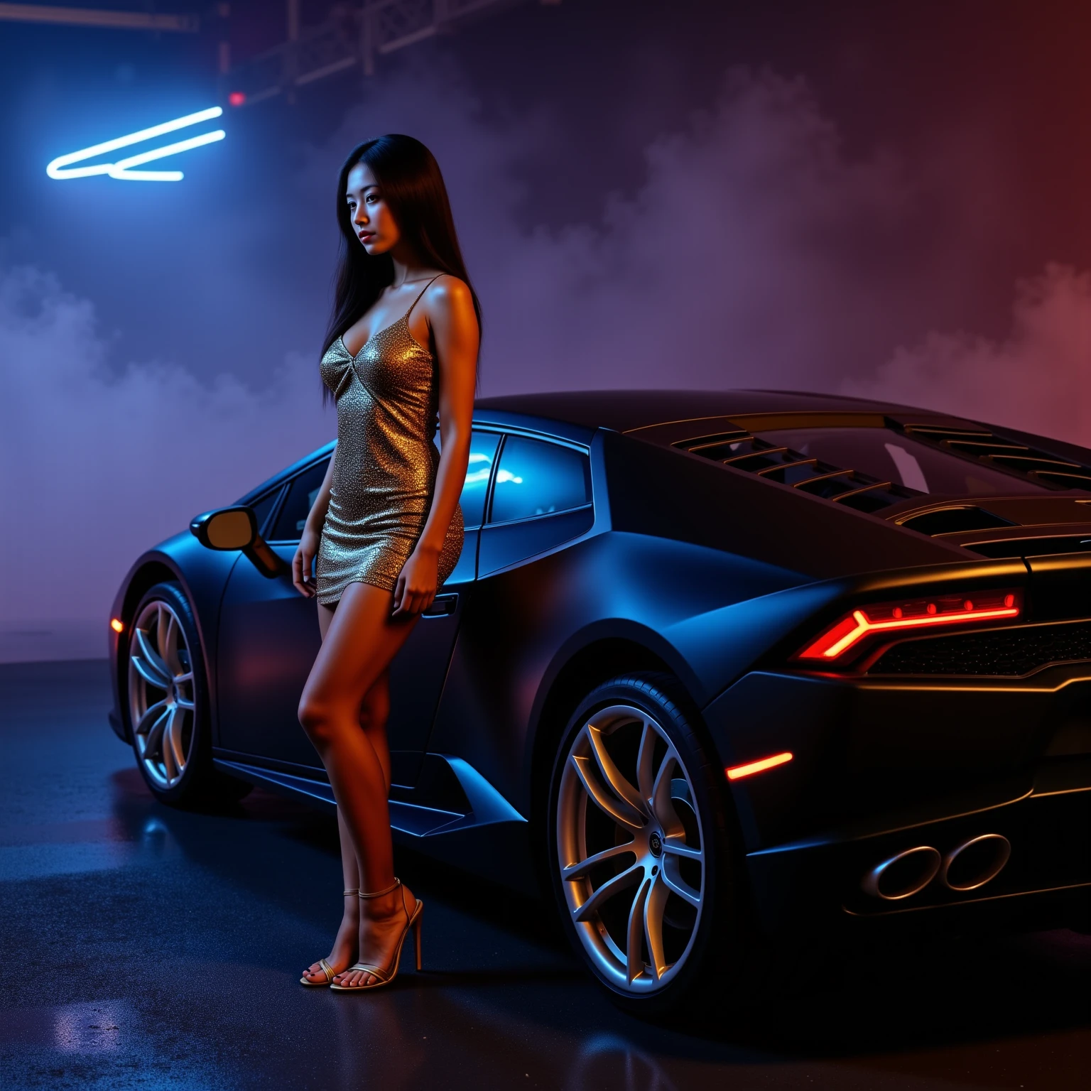 a sleek black supercar jeep, a sexy woman posing next to it, highly detailed, photorealistic, 8k, best quality, cinematic lighting, dramatic angles, glossy vehicle, elegant female figure, seductive expression, fashionable outfit, impeccable details, chiaroscuro lighting, cinematic composition
