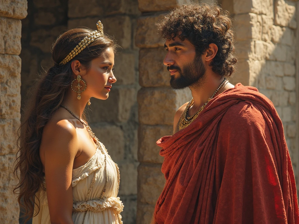 generate an image of a seductive greek woman with shining body and greek man aw struck by her beauty standing in front of him