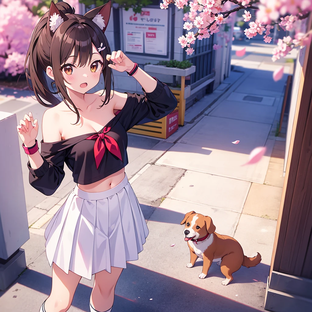 1girl in,girl playing frisbee with dog,Super Cute,Happy smile,Long hair fluttering in the wind,light brown hair,Accurately drawn face,A slender,Well-shaped B cup breasts,Raw feet,tre anatomically correct,perfectly proportions,Precise fingers,throw a frisbee with your right hand,Active Poses and Angles,White hoodie,My panties were visible through the red miniskirt that was flipped up by the wind.....,Striped cotton panties peek out,Panchira,A good-natured dog jumping nearby,healthy,masterpiece,Best Quality,On the lawn,