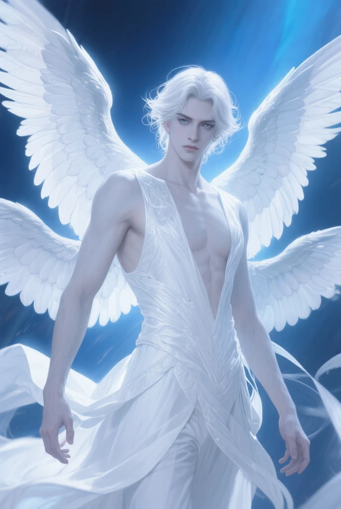 A young Thai-Korean man with short white hair and very large, thick, white angel wings that are folded behind his back, standing in the middle of a waterfall that falls straight down onto his head, beside a quiet forest water source. The water is clear, blue-green, with beautiful pleated wings. Flowers and gems with long, detailed, hers to touch the water, making the water droplets flow through the quiet and lovely atmosphere. The light flows and through the trees to create a distant forest. The background light reflects the aura. An angel with folded wings, the highest resolution, the clearest image, professional photography, realistic, soft, 3D, 4K, 1080 HP, unreal engine 5+realistic