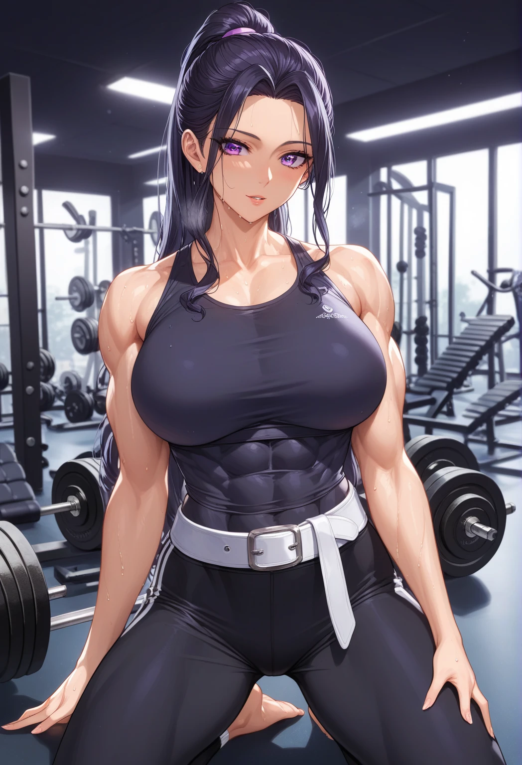 ((masterpiece, best quality, 4k)), 1girl, solo, long hair, black hair, purple eyes, glasses, tube top, blunt bangs, straight hair, evil smile, huge breasts, wide hips, thick thighs, thick lips, indoors, cubicle, office, plants, computer desk, tank top, miniskirt, ((((huge muscles))))