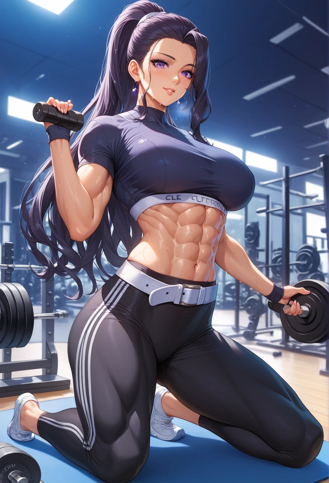 angry ((((1girl)))) (((bodybuilder))) pale skin black hair very long hair yellow eyes midriff