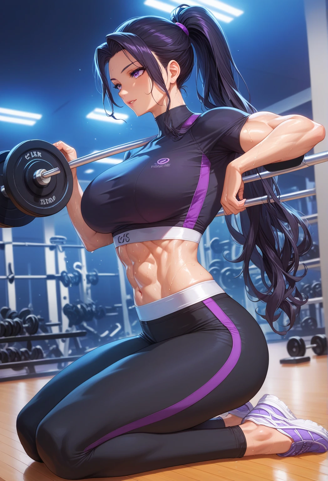 beautiful girl、Big Breasts、Black Hair、Long Straight、Great style、Nice body、Abdominal muscleuscular、Training Gym、Light purple bra top、Cleavage、Light purple bikini pants、Beautiful buttocks、Toned Legs、Are standing、The whole body is visible、Sweaty skin、Training socks