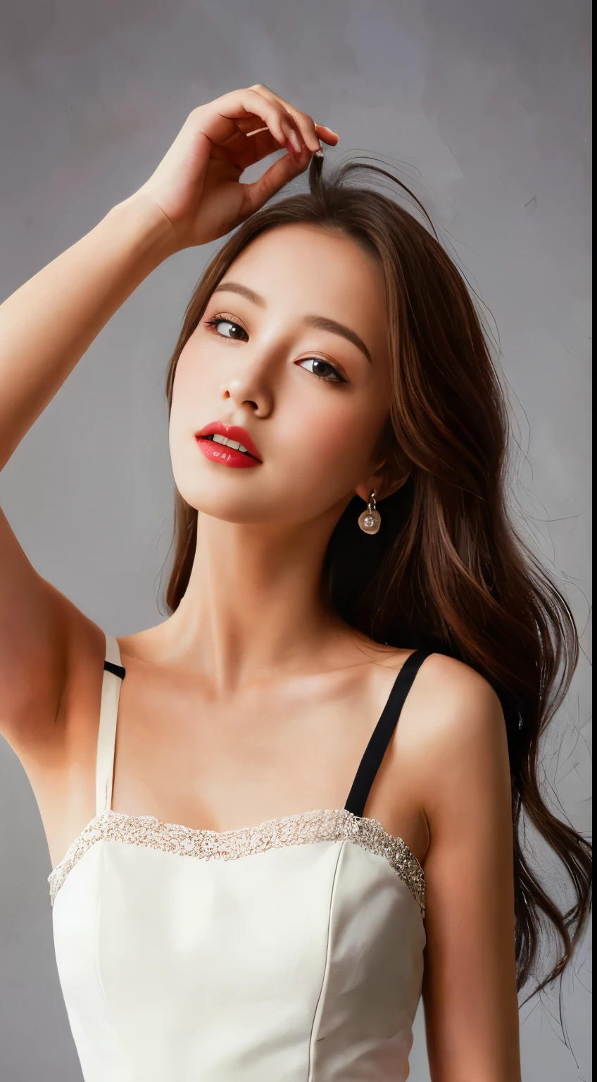 (Top quality, 8k, Masterpiece), 35mm lens, f/1.8, (upper body:1.5), looking at viewer,
1girl, face, beautiful eyes,bright pupils,smile,delicate face,detailed skin, Curly Hair, (wearing  Embellished Multi Wear A-Line Mini Dress in White:1.5), (dynamic poses:1.1), white background