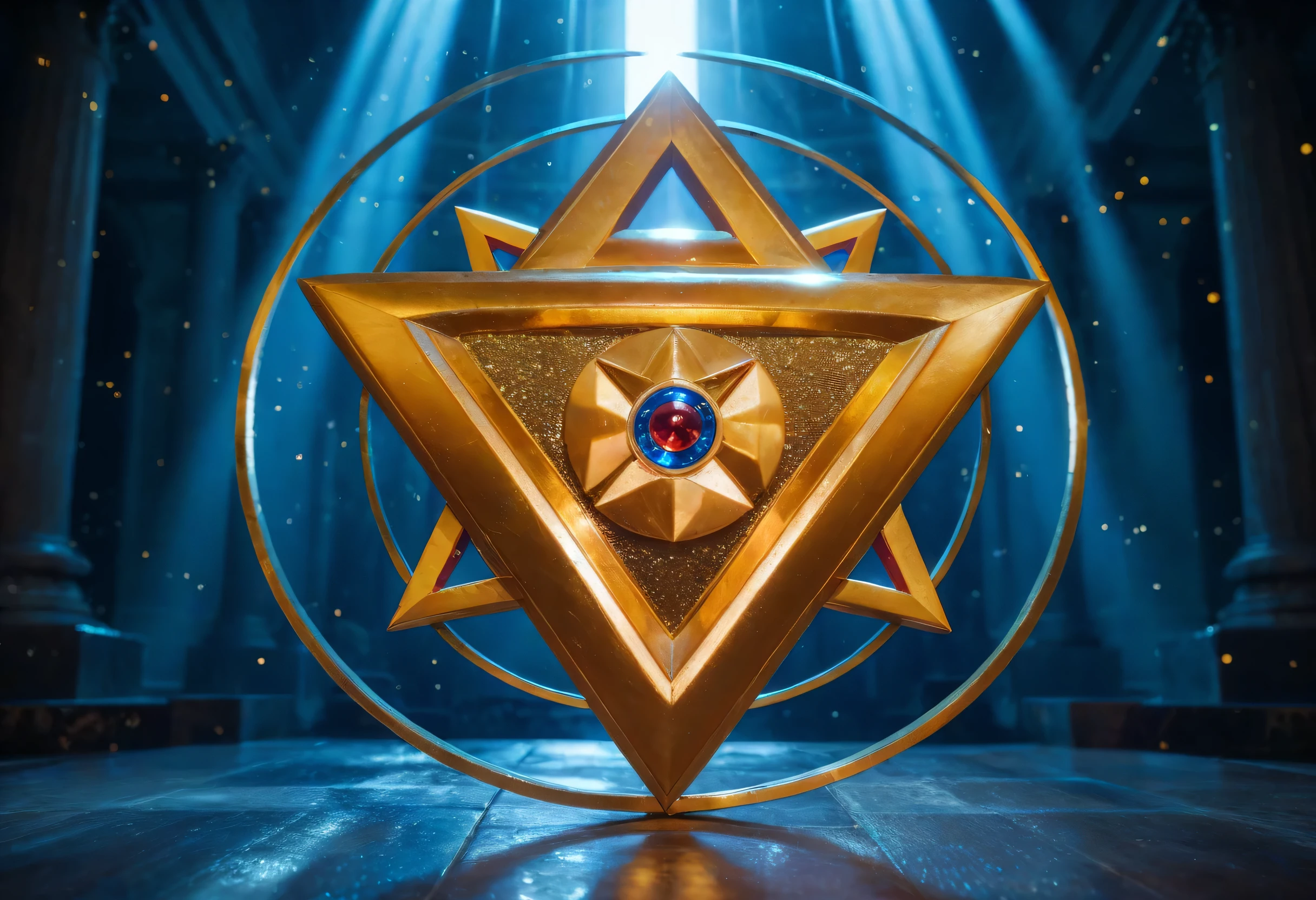 "A massive, flawless gold-plated large golden triangle pulsing with inner light, resting on a pedestal of weathered stone, the triangle is intricately engraved with ancient symbols and features a single crimson blue eye at its base, radiating an intense gaze suspended in the air in a dark void, illuminated by a single beam of white light. Its many sharp, natural facets capture and refract rainbows in all directions, casting spectral reflections across a glassy floor. Fine particles of light orbit it like celestial dust. The atmosphere appears sacred and light, as if this crimson blue eye has an ancient power. Ultra-detailed, high-contrast lighting, sharp hyper-real style."