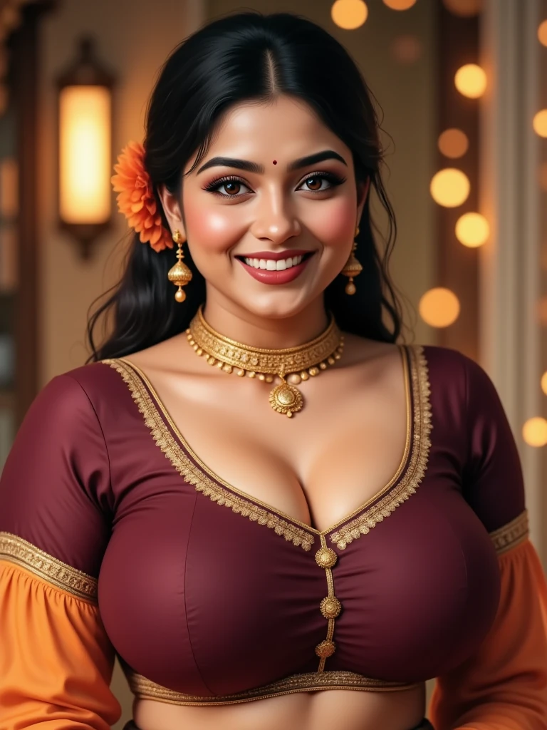 (((((((A)))))))half body of confident-looking Bangladesh woman with long and thick hair, (masterpiece, best quality:1.2), ((((((solo)))))), ((((((1girl)))))), ((looking at camera)), hazel eyes, a smile on the face, royal and lusty look, standing posing like a professional model for a photoshoot, (((Huge Boobs))), perfect composition and light, hyper realistic skin texture, super background decorations detailed, 8k, high quality, trending art, trending on art station, photo, intricate details, highly detailed, ((((Cropped Breast Wear)))), (((Luxury Restaurant background)))), (((wearing a bright colour Saree with designs and patterns with sleeves))), (((((big sexy body shape))))), (((Luxury Restaurant background behind her))), (((Portrait Fashion Photo))), hair bobbles, wince, solid circle eyes, light smile, ear blush, fang, ccurate, makeup, hairband, double bun, Surrealism, drop shadow, anaglyph, stereogram, tachi-e, pov, atmospheric perspective, glowing light, backlighting, ray tracing, image fill, anaglyph, stereogram, scanlines, speed lines, silhouette, vignetting, 8k, super detail, best quality