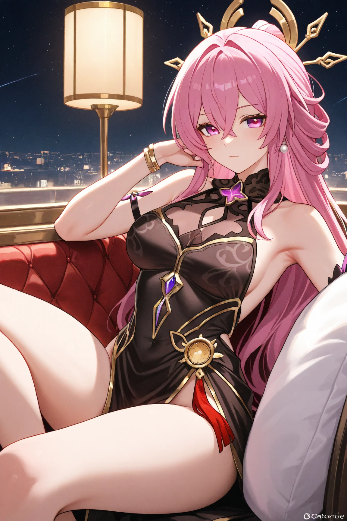 <lora:lan_2_(tower_of_fantasy):0.5>(best quality:1.1), (high resolution:1.1), (very clear:1.1), 
lan_2_\(tower_of_fantasy\), 1girl sitting looking at viewer, provocative smile, (holding red wine glass:1.1),  long pink hair, multicolored_hair, braid, hair_ornament, feather_hair_ornament, mask_on_head,  green_eyes, black_dress, black_gloves, (asymmetrical:1.4)_knee_socks, high_heels, 
 (Premium nightclub bar:1.2),