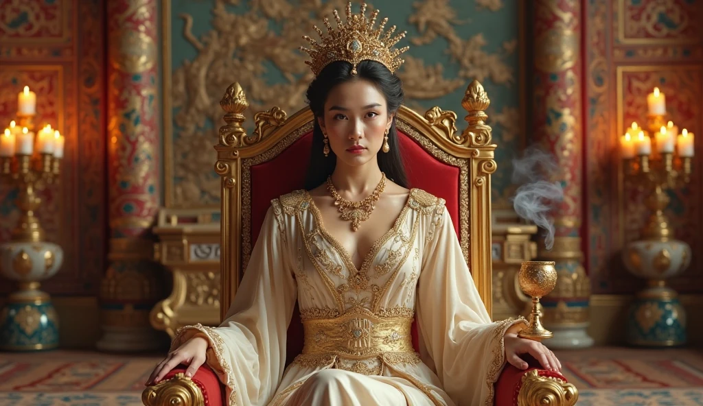 Best quality, masterpiece, detail, intricate detail, realistic cinematic lighting, (fantasy art: 1.6), (seiza: 1.1), (front: 1.2), upright, royal, majestic, queen, (huge and golden throne: 1.4), crown, close-up front, solemn, throne, upright posture, seriousness, dignity, gaze ahead, contemplation, jewelry, solo, divine ray, 1 woman, gold and red dress, golden palace,(Full Body Angle),(cute face:1.15),(huge breasts:1.2)