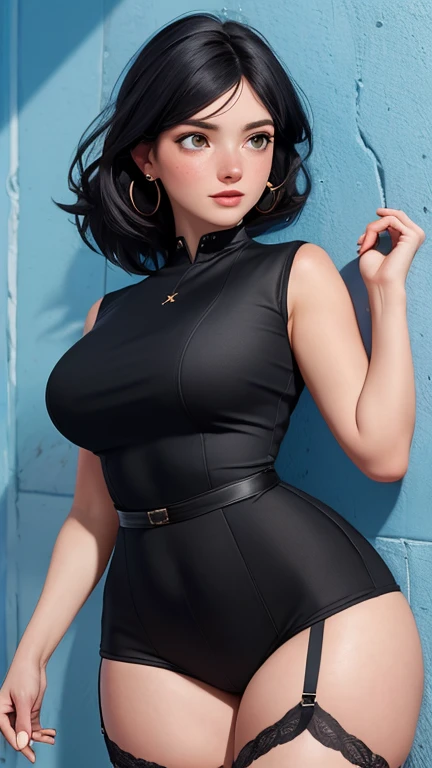 warm smile (masterpiece), (best quality), (realistic), (red lips), realistic girl, one adult woman, pale skin, blue eyes, curly black hair, eye brown, brown eyes, nose, ear, mouth, lips, neck, shoulders, medium chest, (random color shirt, plain t-shirt, short black skirt, tight tights), waist, thick legs, thick thighs, (garden with so many roses background), (short hair), big breasts