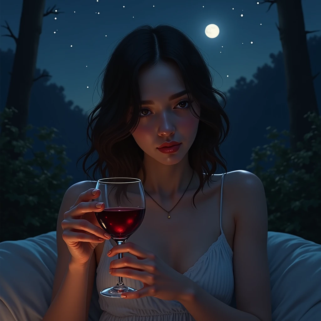 A beautiful woman, a white dress, a dirty middle, red wine, a glass of wine under the tree, in the tree, a beehive with honey flowing from it, in the middle of the pot, grapes, a bee on top of it, strawberries next to it, a beautiful view, night with dim moonlight, the scene pleases the viewers, an artistic painting.