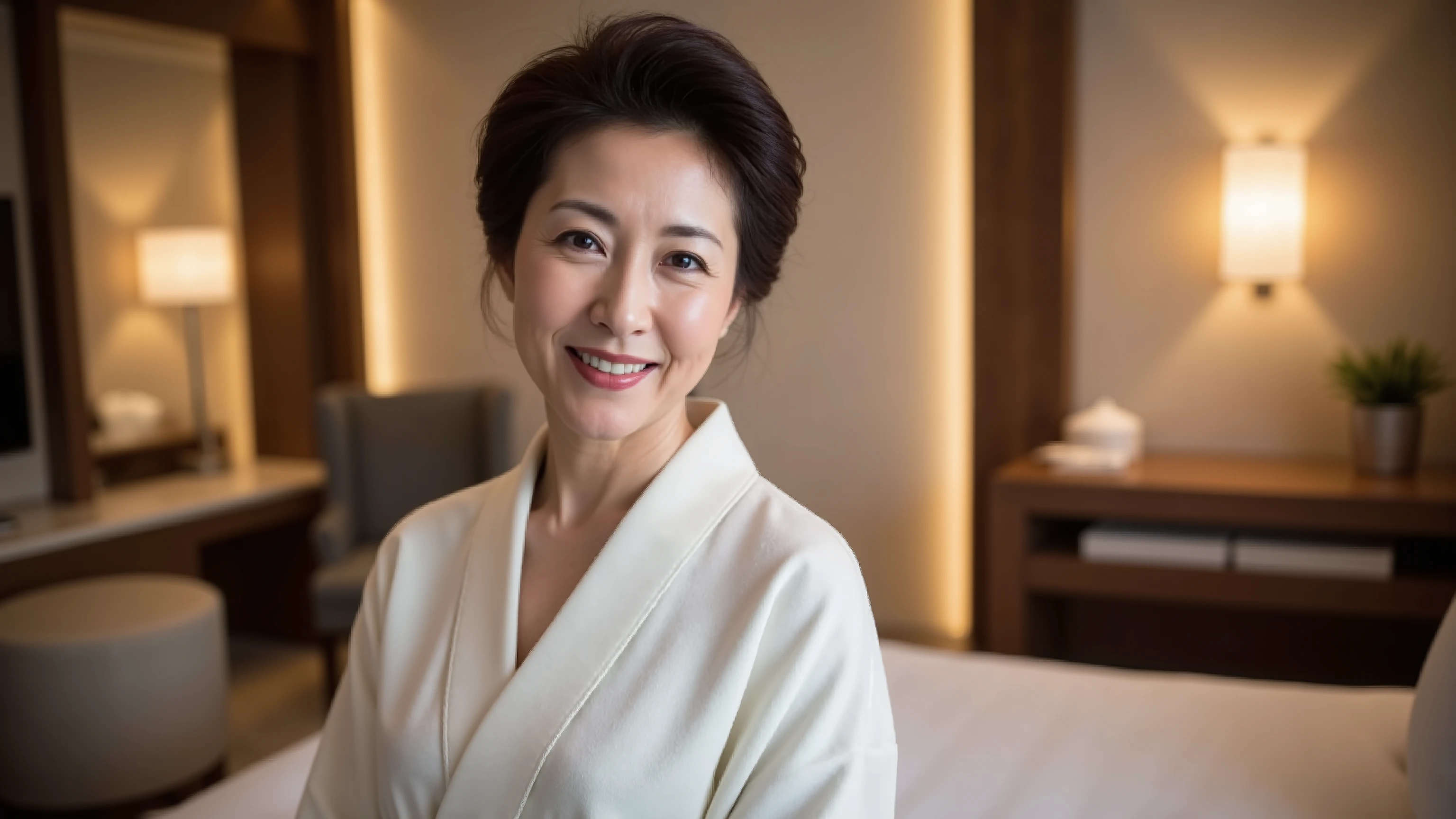 A dignified Japanese woman in her 60s, wearing a traditional white kimono, smiling gently. Her hair is styled in a neat, classic Japanese updo. She is standing in a softly lit hotel room interior, with warm lighting, elegant furniture, and a slightly luxurious atmosphere. The mood is calm and intimate.