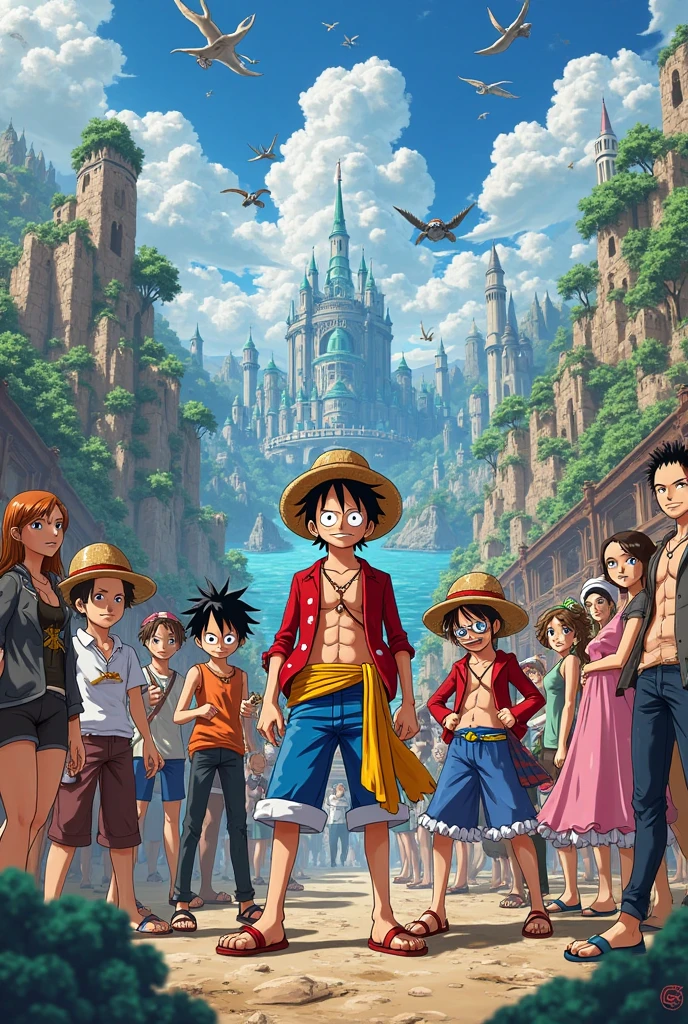 Recreate an image of all one piece together in 4k that is unique and that nobody has and that if they ask you for it, you won't pass it on to them please, and put something like if I did it that says Julio below as a signature and that is prettier PUT IT SAYS AUTHOR:JULY IN THE PHOTO
