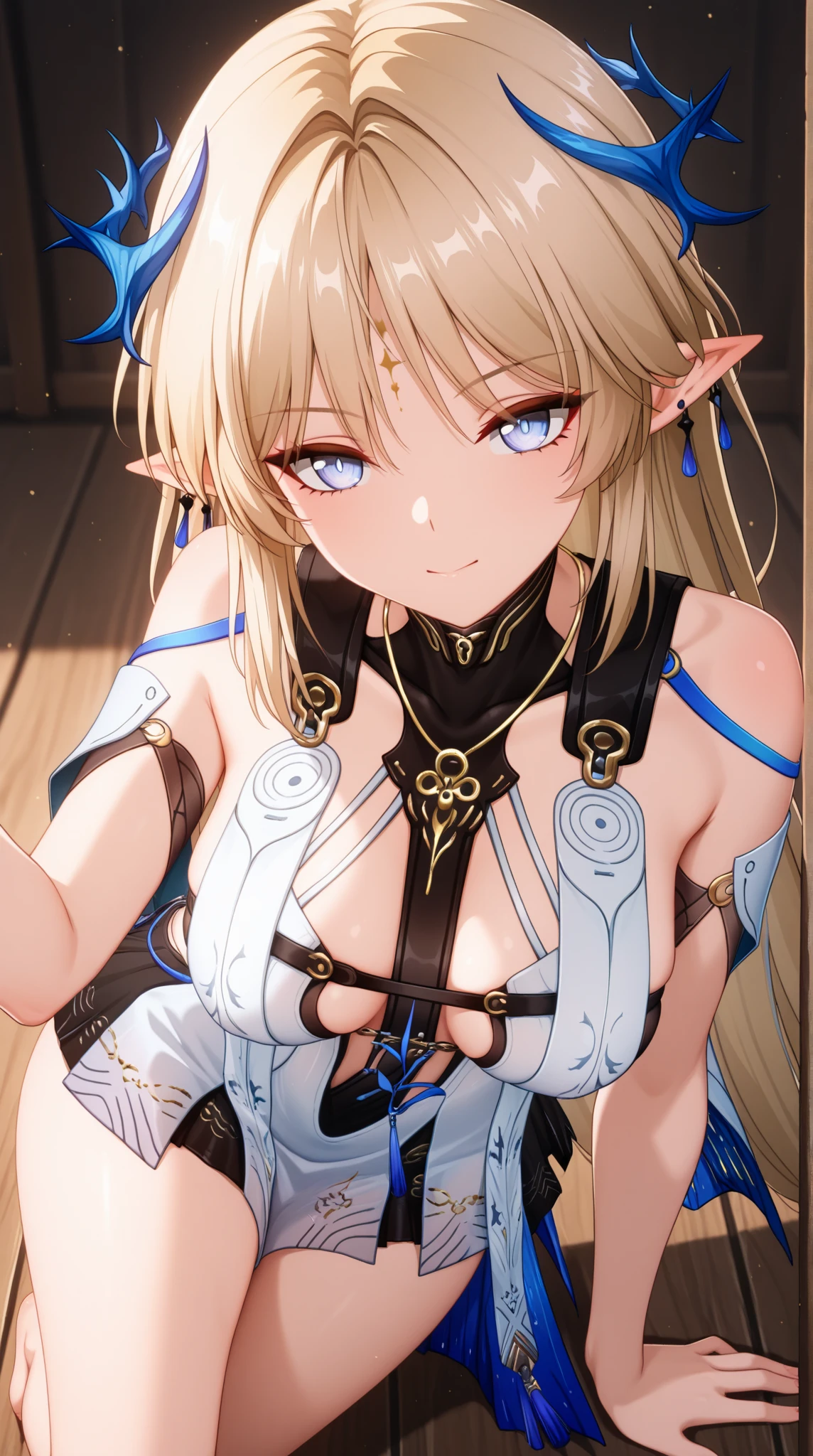 (Upper Body:1.3),(masterpiece:1.4),Medium Shot,anime,masterpiece,gravure, 8K,Realistic, Beautiful woman,An elegant and mature elven woman, Elf Ears,blue eyes, Place your arms behind your head,(美的animeの目:1.4),Large Breasts,blonde, Black bodysuit, smile,Beautiful breasts,(8K resolution:1.4), High quality CG, Beautiful CG, Soft Light,View your audience,(24-years-old),