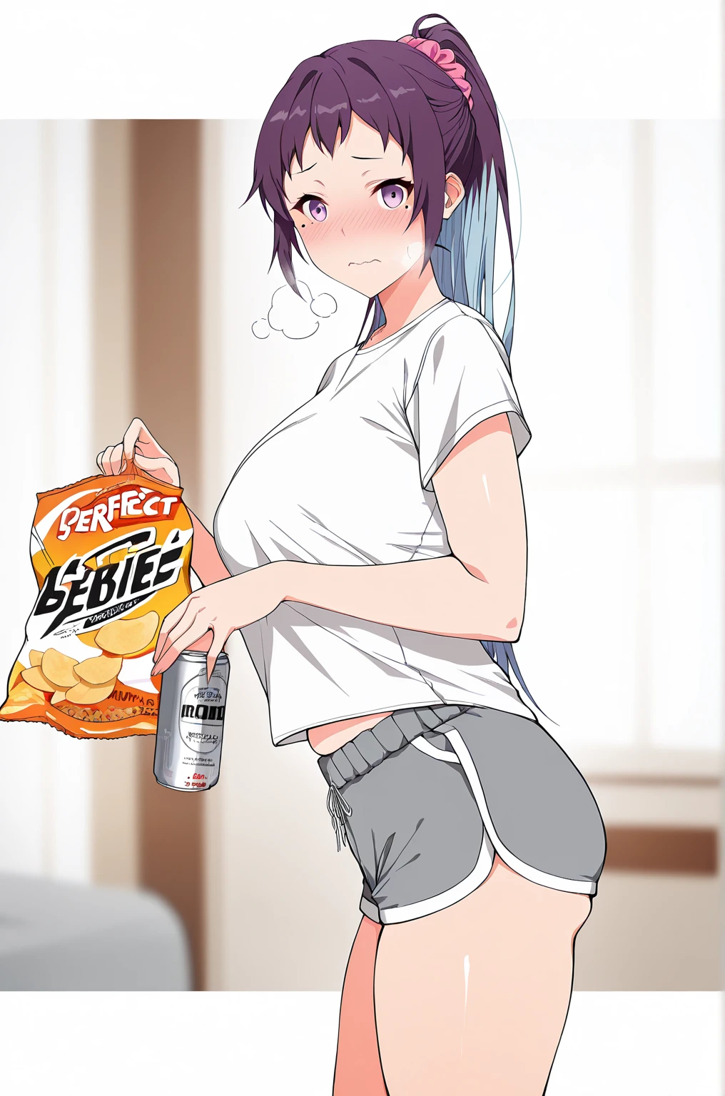 (pochi_(pochi-goya)-style), (arind_yudha-style:0.8), anime coloring, ((Cinematic, unreal engine, eye-catching, ambient occlusion, UHD, masterpiece)), ((perfect lighting, dim lighting)), comic, score_9, score_8_up, score_7_up, score_6_up, score_5_up, score_4_up, uncensored, detailed background, vignetting, high quality, absurdres, best quality, very aesthetic, newest, digital art, trending on ArtStation, ((anatomical correct)), perfect body, perfect eyes, perfect fingers, gasping, heavy breathing, gasping profusely, ((skindentation)), ((curvy)), high ponytail, long hair, multicolored hair, light blue hair, purple hair, purple eyes, mole under eye, hair scrunchie, pink scrunchie, plump, 1girl, shorts, dolphin_shorts, solo, can, shirt, looking_at_viewer, white_shirt, holding, short_sleeves, blurry_background, food, blurry, short_shorts, grey_shorts, breasts, indoors, holding_can, cowboy_shot, snack, from_side, chips_(food), standing, t-shirt, ((embarrassed)), blushes, blush face, wavy mouth,