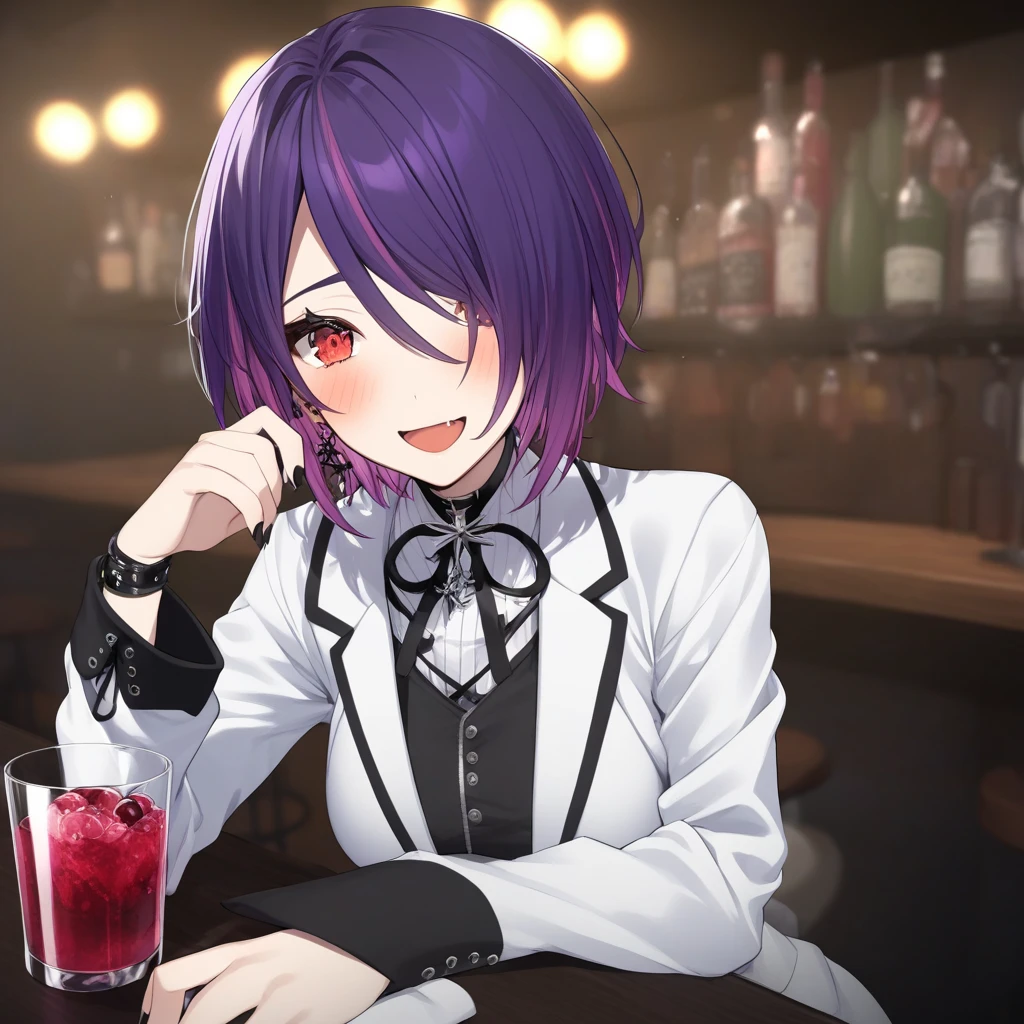 Otodama Tamako, Virtual YouTuber, Aogiri High School, red eyes, purple hair, medium short hair, gothic fashion, white jacket, bar room, Cranberry juice