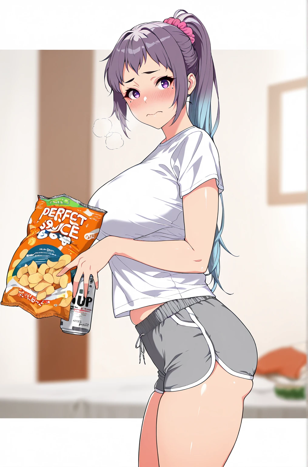 (pochi_(pochi-goya)-style), (zonda_(solid_air)-style:0.8), anime coloring, ((Cinematic, unreal engine, eye-catching, ambient occlusion, UHD, masterpiece)), ((perfect lighting, dim lighting)), comic, score_9, score_8_up, score_7_up, score_6_up, score_5_up, score_4_up, uncensored, detailed background, vignetting, high quality, absurdres, best quality, very aesthetic, newest, digital art, trending on ArtStation, ((anatomical correct)), perfect body, perfect eyes, perfect fingers, gasping, heavy breathing, gasping profusely, ((skindentation)), ((curvy)), high ponytail, long hair, multicolored hair, light blue hair, purple hair, purple eyes, mole under eye, hair scrunchie, pink scrunchie, plump, 1girl, shorts, dolphin_shorts, solo, can, shirt, looking_at_viewer, white_shirt, holding, short_sleeves, blurry_background, food, blurry, short_shorts, grey_shorts, breasts, indoors, holding_can, cowboy_shot, snack, from_side, chips_(food), standing, t-shirt, ((embarrassed)), blushes, blush face, wavy mouth,