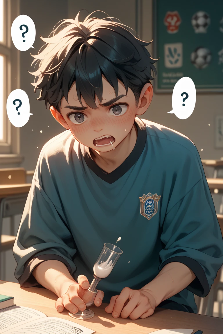 A boy, driving water, with horrified face, in a classroom.