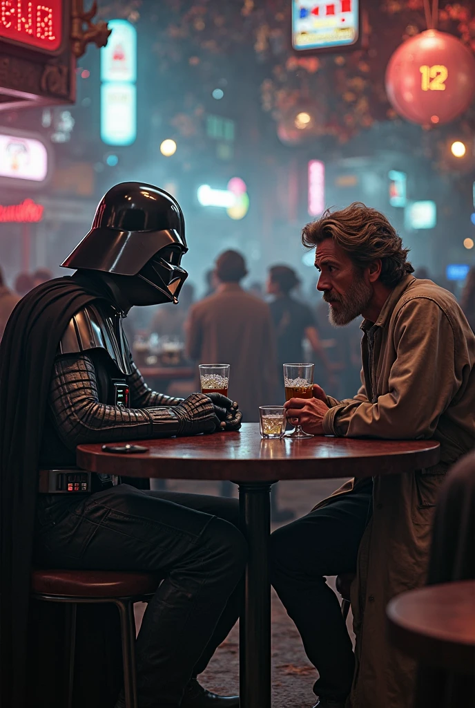 A candid 1980s style photo of darth vader and luke skywalker hanging out off set, chatting while drinking cold beers