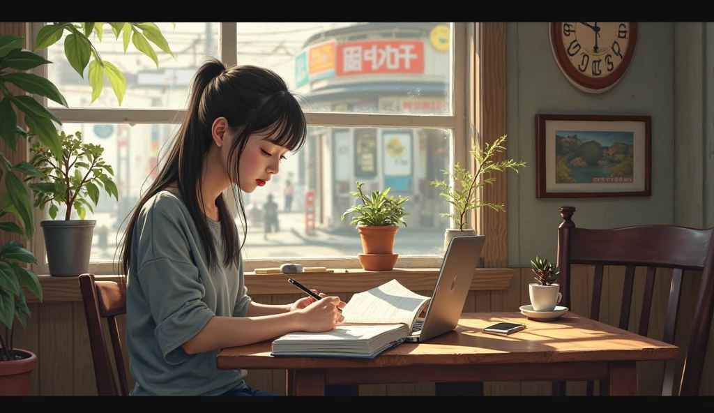 The sad Lofey girl looked out the window,Headphones on the head,Play with the computer's mouse. There is a painting of serenity on the background wall