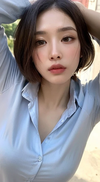 ((Best quality, 8k, Masterpiece: 1.3)), Sharp focus: 1.2, A beautiful woman with perfect body: 1.4, Slim abdomen: 1.2, ((Layered haircut, Large breasts: 1.2)), (no bra) (Small and beautiful hard nipple) (Thin and damp button up to shirt length: 1.1), (White shirt wet by rain), (Rain, Street: 1.2), Wet body: 1.1, Highly detailed face and skin texture, Detailed eyes, Double eyelid, tanned skin, sexy, tan, dark skin, tanned body, exposed shoulders, cleavage