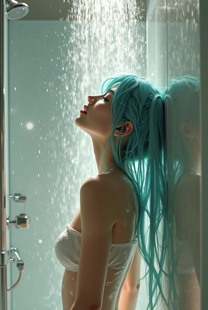 A Real sexy Young asian student cheerleader, with blue hair, taking a shower. high quality, photorealistic