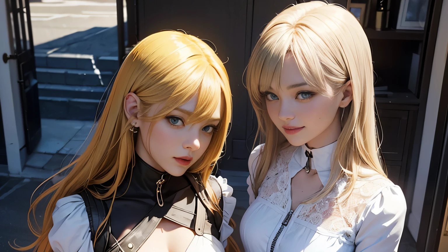 (2heads:1.2), arguing at each other, anime drawing of two women in dresses with long blonde hair, hq artwork, blonde anime girl with long hair, official art, two beautiful anime girls, anime full body illustration, inspired by INO, cel - shaded art style, anime woman fullbody art, shirabii, high quality anime artstyle, anime character art, marin kitagawa fanart, official render