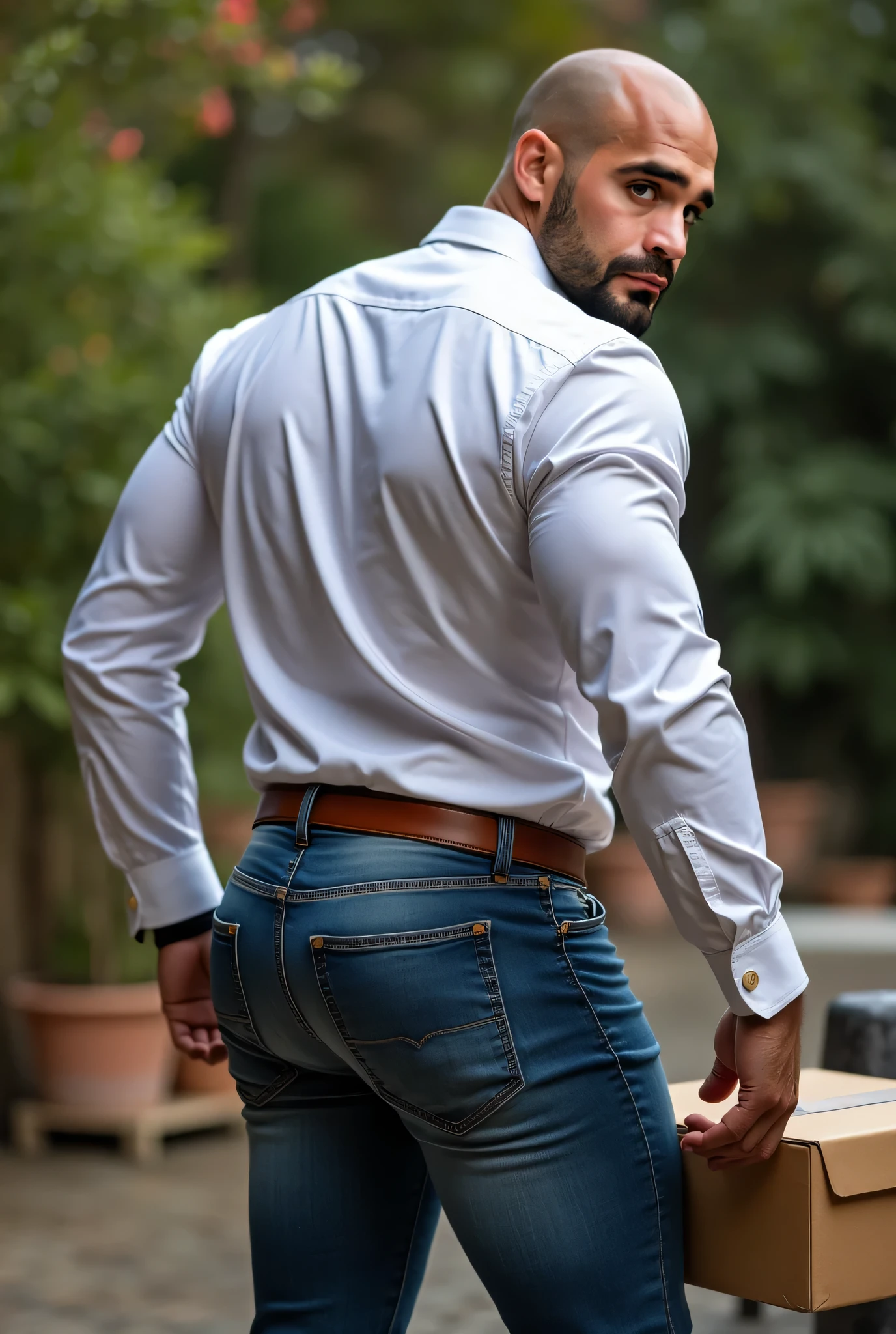 Rogelio Martínez, hombre barbudo y musculoso, muy guapo y varonil, intrincado, elegant, Sharp focus, foto de greg rutkowski, Soft lighting, Colores vibrantes, Obra maestra, ((calles)), cuerpo completo, gray jeans backside, same model