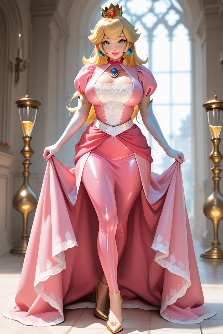 Princess Peach \(Mario Bros\), (Ela tem grandes olhos azuis brilhantes), (pele clara), (pele realista), (Glossy and pink lips), (((longos cabelos loiros lisos))), (Dark shadows compose), ((Seios muito enormes, Rosa )), (coxas grossas), (Corpo fino perfeito), ((completely naked, mamas expostas, exposto)), (coroa), ((Posing sexy in peach princess castle)), (master part, High definition, Volumetric lights and dynamic shadowaster part)), (8k), (rosto perfeito), (Ultra Detalhes) (perfect hands, olho, e rosto), ((sorriso sexy)),