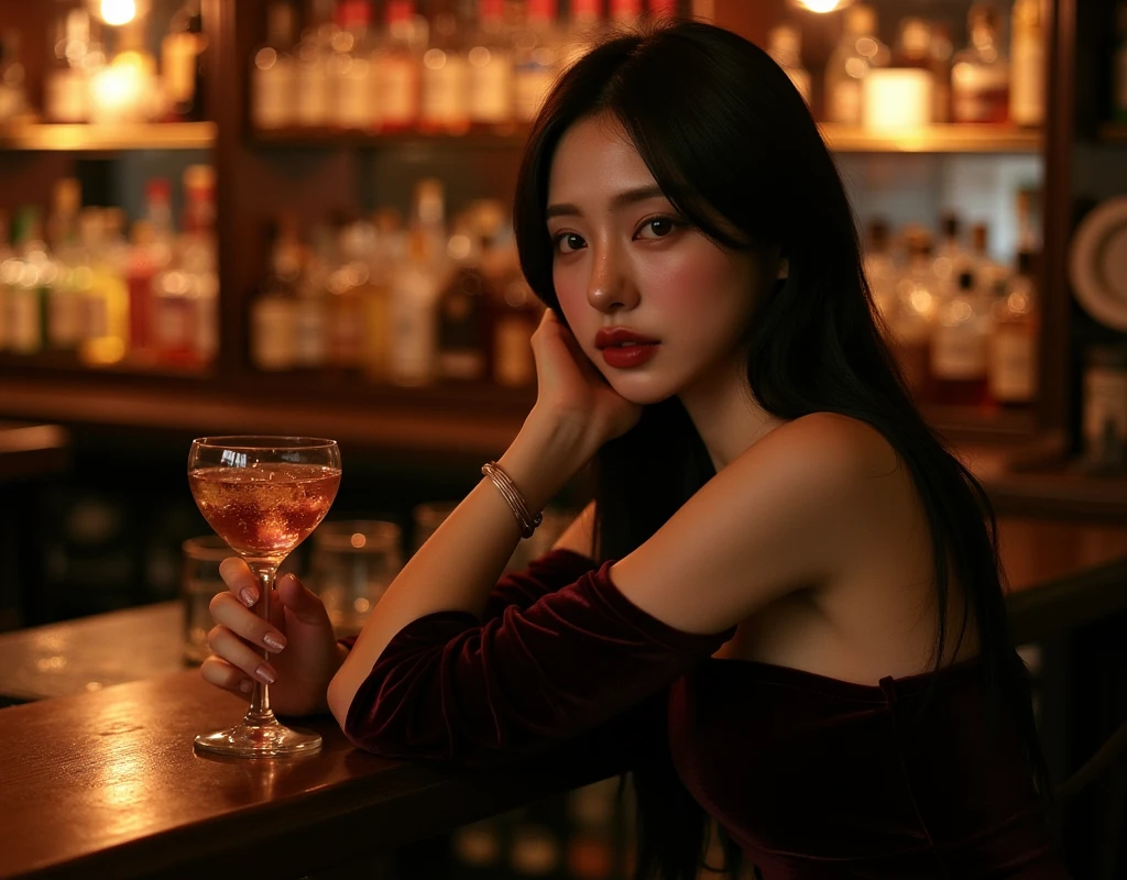 Create a realistic, photo-like image of a calm and elegant bar where attendees are wearing classic Venetian masks. The setting should be sophisticated and serene, with dim, ambient lighting and comfortable seating. People should be mingling, holding drinks, and enjoying a relaxed atmosphere. The Venetian masks should be elegant and intricately designed, adding a touch of mystery and sophistication to the intimate bar environment.