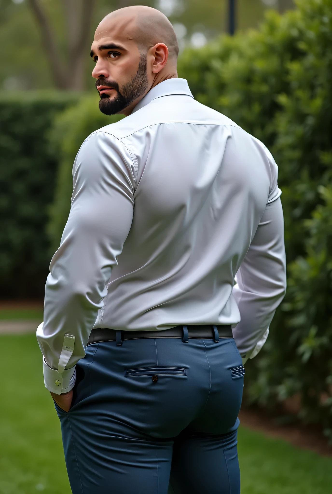Rogelio Martínez, hombre barbudo y musculoso, muy guapo y varonil, intrincado, elegant, Sharp focus, foto de greg rutkowski, Soft lighting, Colores vibrantes, Obra maestra, ((calles)), cuerpo completo, gray formal pants, fajado, brown belt, backside