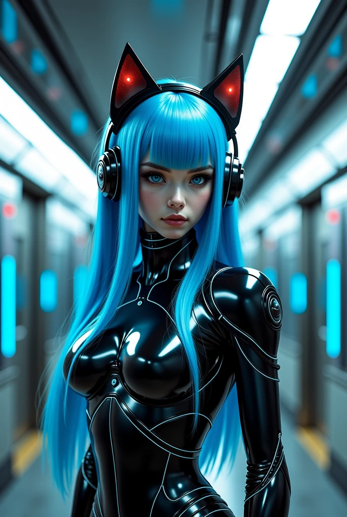 (masterpiece),(best quality),extreamly delicate and beautiful, long black straight hair, elegant hair, (30 years old, hazel eyes, hourglass figure, perfect fit body, natural big breasts), ((perfect female figure)),mature female,1 rider girl,bodysuit,black very long hair,twintails, purple eyes, cyberpunk city background,cat ears helmet,