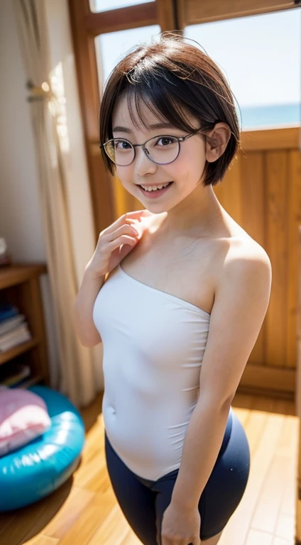 (realistic),(High resolution close-up), Portrait of a girl from chest to head, super dense skin, Beautiful lightning, Awards - winning photos,、flat chest、small 、、(small bust:1.2)、smalst、 (very few、flat、often stomach、black panties、FulEsbian、medium long hair、Glasses、bright light、on the bed、thighs open、open your legs、Pee、