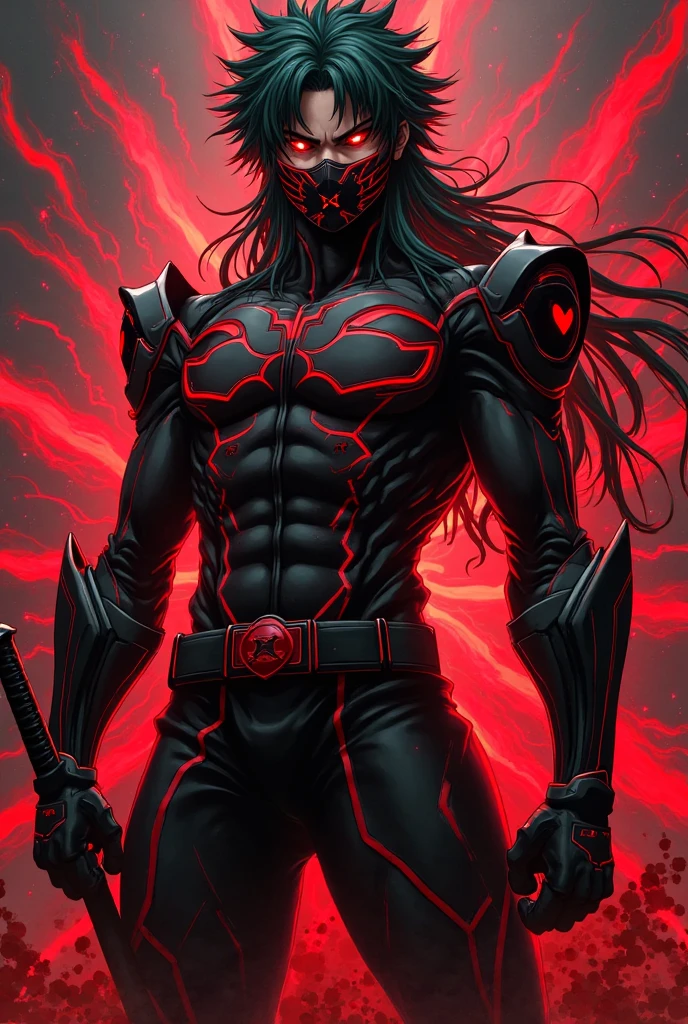 Make kali demon male version with dark aura red skin and bright black shade eyes black bright hair with awsome physique attached and very egoistic main villian with cut marks on his skin