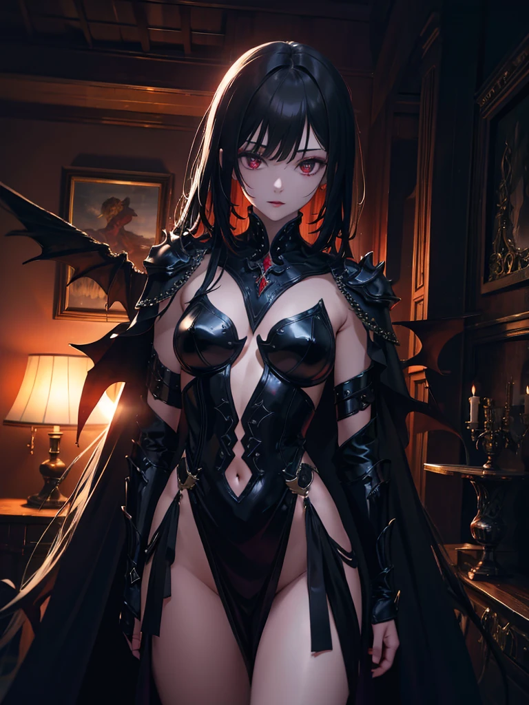 Fantasy, night, 4k, high detailed, Cinematic scene and lighting, a voluptuous succubus with horns and curvy body, lying down on her back, stone altar, she is chained with iron chains, bound, unable to move, heavy Iron chains, fearful look, angst, red eyes, shot from above
