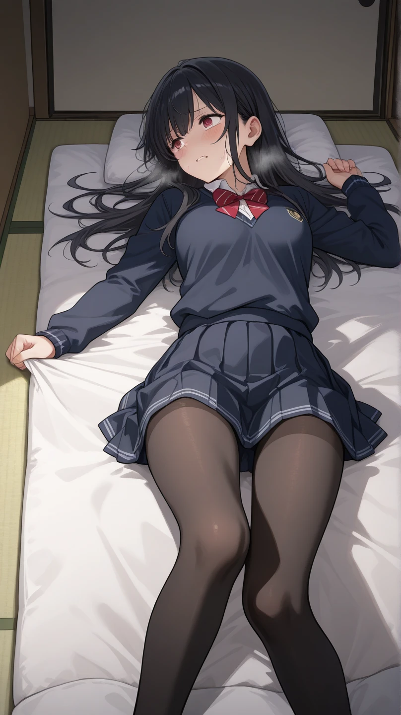 1girl in, (Ultra-high image quality,masutepiece:1.2), spread legswide,plaid skirts,School uniform,White panties,Smiling,on the beds,(Black socks:1.4),8K