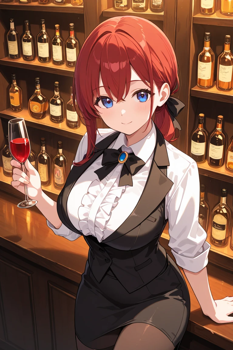 最high quality、best image quality、masterpiece、teenage girl((18-year-old、 By becoming、vest bust、medium bust,wide open breast tea、black eye, redhead、shortcut、thin,highest valley、red dress、drunk、drinking wine)),high quality、beautiful art、background((nightbar)),debris flies、Depth of written boundary、movie、visual art、perfect art、8K,genuine、anime style