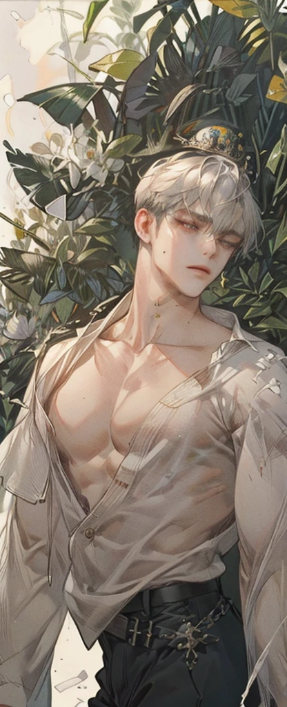 Japanese male model, high resolution 8k , Portrait, adult, handsome, perfect face detail, detailed eyes and face, clean shaved, sixpack realistic, white eyebrow hair, white eyelashes, dynamic lighting, unreal engine 5, hd picture, satoru gojo, Jujutsu kaisen, white hair, short hair ,hair between eyes ,blue eyes, white skin, Rabbit ears, flower details, egg details