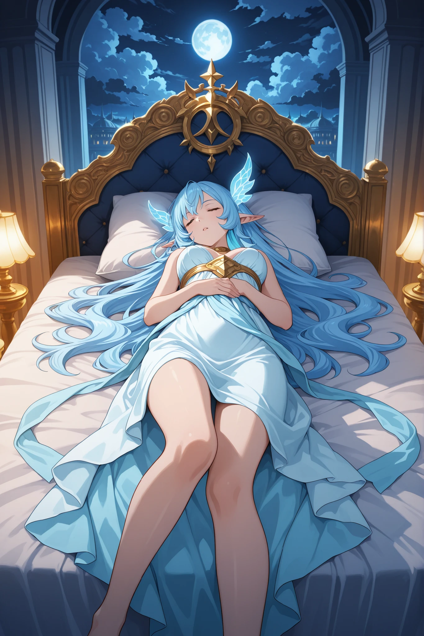 detailed, (masterpiece:1.2), (pale skin:1.2), (solo:1.2), (female), (emphasis lines:1.3), slender, blue hair, veil, navel, yellow_eyes, (lying), armpit, bikini, (hand_behind_head:1.3)