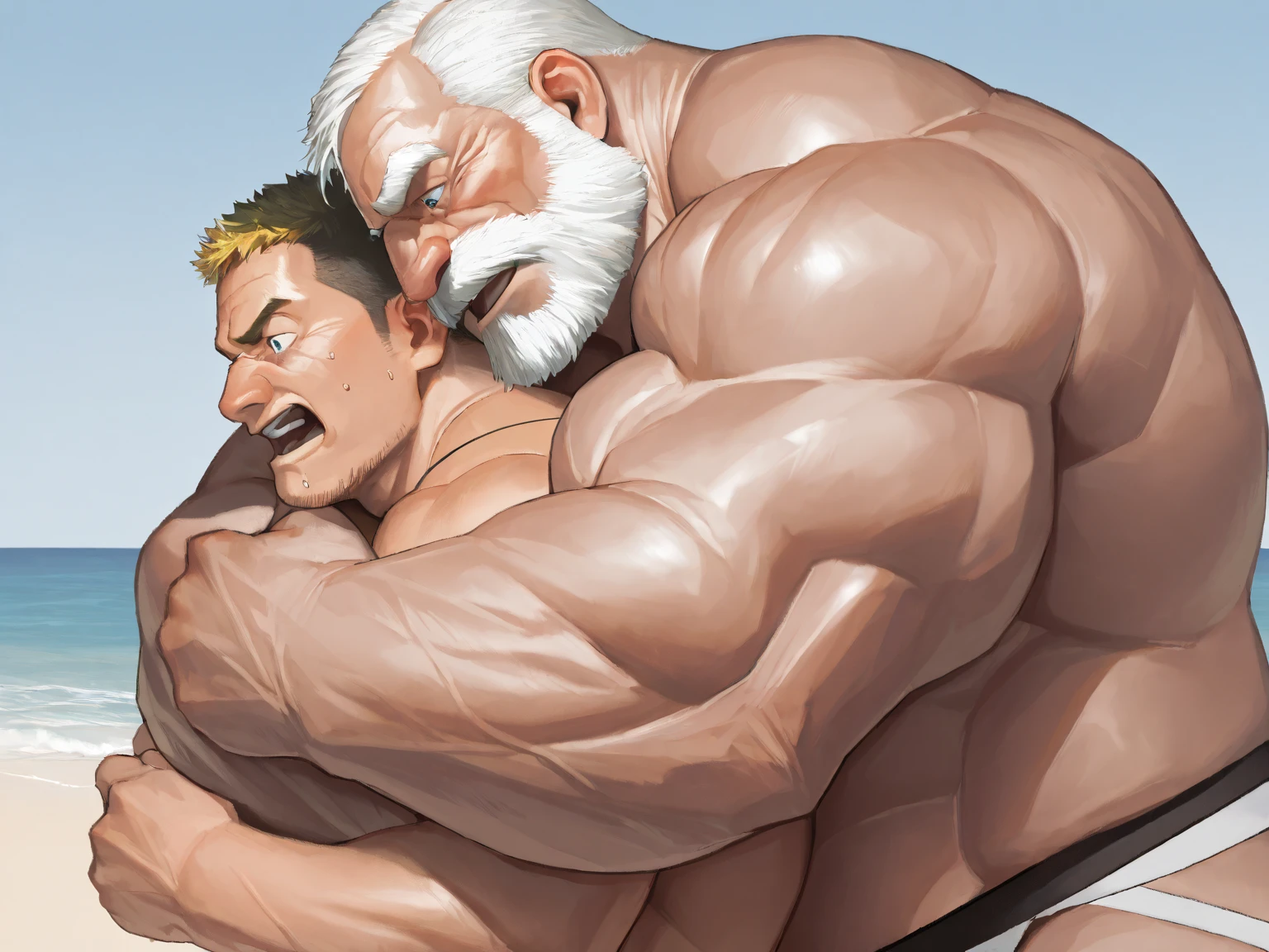 burly virile hairy man, with two wolf ears and a bushy tail, a himbo muscle daddy, middle-aged dilf, hirsute, overmuscular and musclebound, bulging veiny muscles, a warrior's build, a bodybuilder's physique, long bushy and a thick mustache, a square jaw, handsome and dreamy, rugged and manly, grey hair, embracing his husband from behind, from behind position, size difference, anal sex