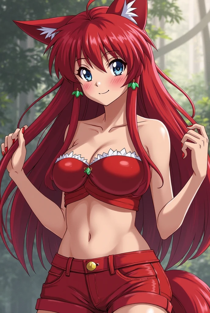 Rias Gremory from anime DxD with blue eyes in a little pervert pose.