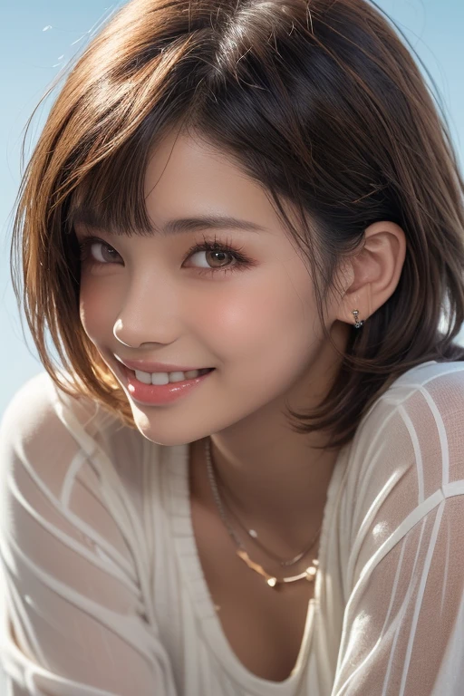 1 female, , Max Chest, Light brown hair, Blunt bangs, Random Hairstyles, short hair, Slim figure, Thin face, Delicate lips, Beautiful Eyes, Lightly reddish, eyes are light brown, perfect glowing skin, Perfect Skin, Shining Sweat,See this, Ultra-fine needle, very thin fingers, The optimal ratio is four fingers to one thumb., (Realistic:1.3), Tank top、Super Detail, high quality, 最high quality, High resolution、Smiling Kindly,Long legs,