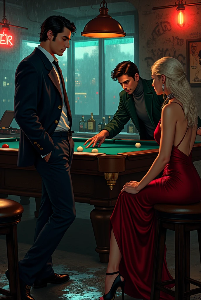 score_9, score_8, score_7_up, A sexy female cyborg playing billiards, bending over seductively to sink the ball, as horny butches watch hungrily, dimly lit by diffused cigar smoke, the air thick with alcohol and masculinity, the men undressing her with their eyes, desperately wanting to take her right there on the table in a perverse way